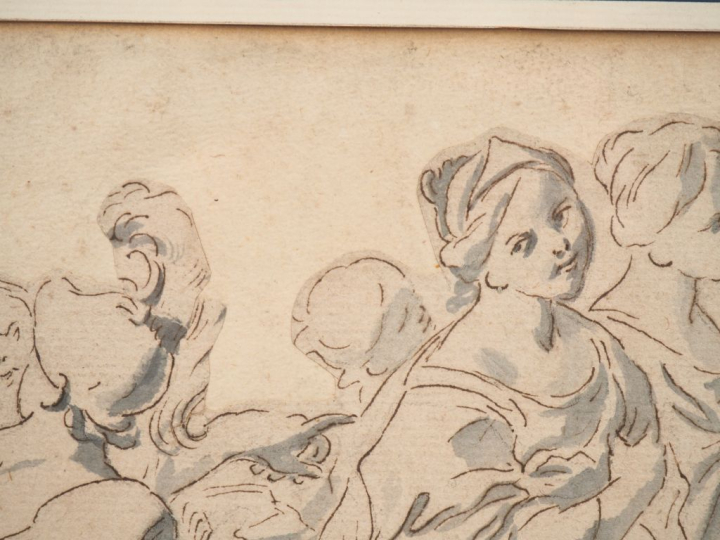 Ecole italienne XVIIème. "Femmes et soldats de l'antiquité". Dessin et