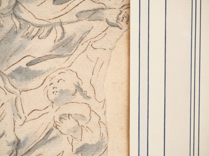 Ecole italienne XVIIème. "Femmes et soldats de l'antiquité". Dessin et