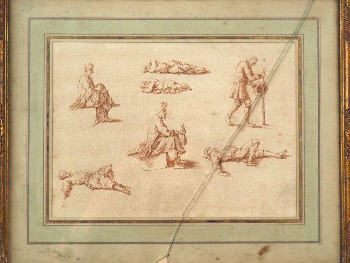 Ecole française XVIIIème. "Etudes de personnages". Sanguine, porte une