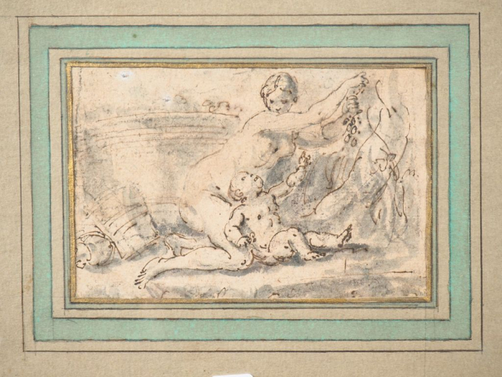 Ecole française XVIIIème. "Jeune mère et son enfant". Plume et lavis D