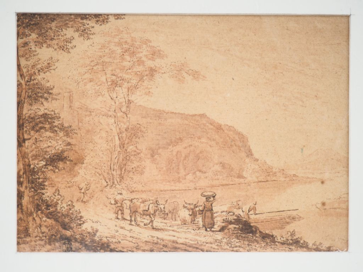 Ecole du Nord vers 1800. "Bergers et leur troupeau au bord du rivage".