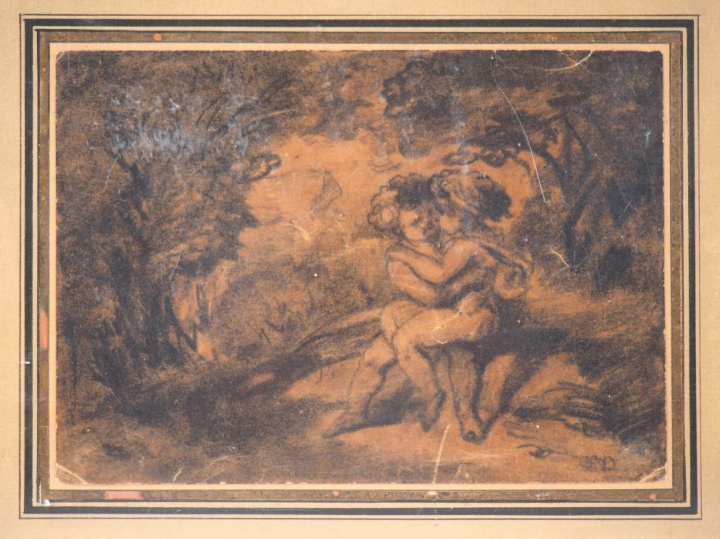 Ecole française XIXème. "Puttis enlacés". Dessin monogrammé "ND" en ba