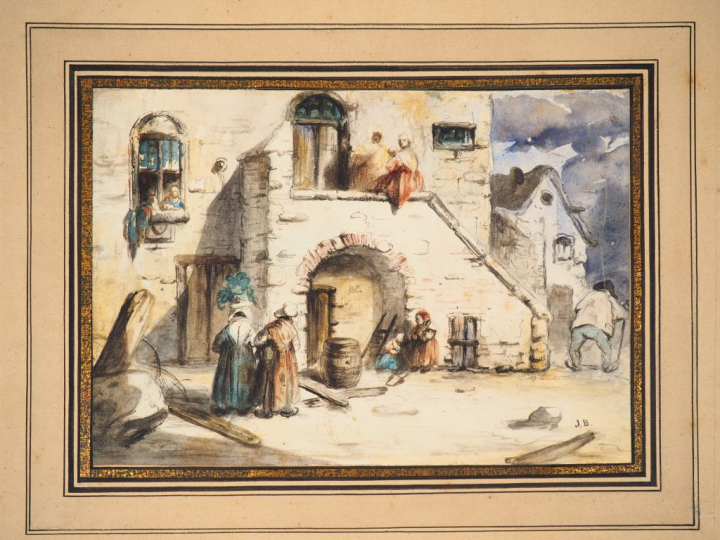 Ecole française XIXème. "Place de village animée". Aquarelle monogramm