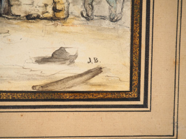 Ecole française XIXème. "Place de village animée". Aquarelle monogramm