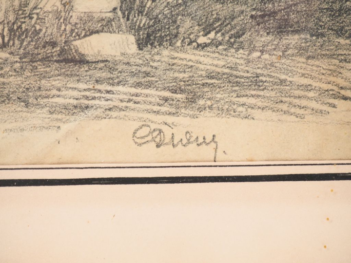 Ecole française XIXème. "Discussion dans l'escalier". Dessin au crayon