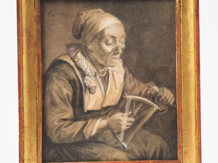 Ecole française XIXème. "La fileuse". Dessin rehaussé, trace de signat