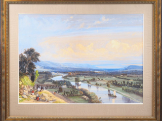 Vente aux enchères Ecole italienne début XIXème. "Paysage fluvial animé". Grande gouache 