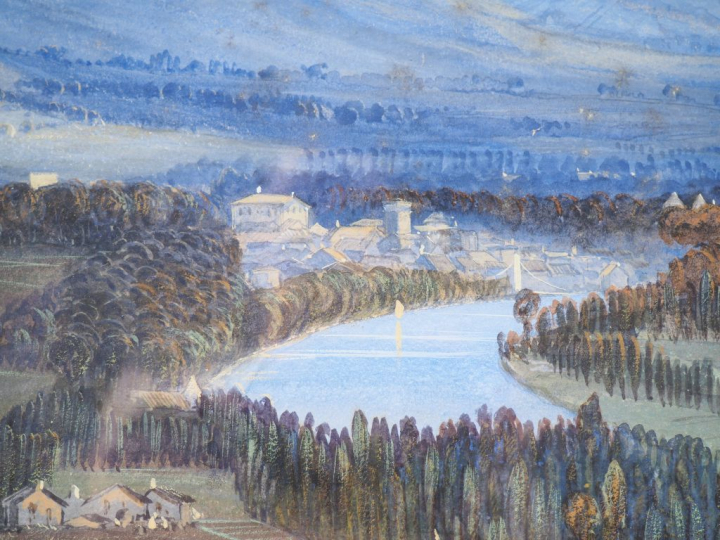 Ecole italienne début XIXème. "Paysage fluvial animé". Grande gouache 