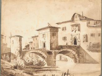 Vente aux enchères Ecole italienne XIXème. "Le pont médiéval". Dessin au lavis. Dim. (à v
