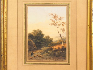 Vente aux enchères Charles RANSONNETTE. "Berger et ses brebis". Aquarelle, signée en bas 