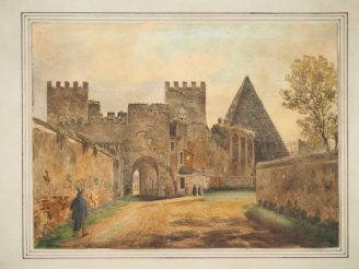 Vente aux enchères Jean-Lubin VAUZELLE. "Personnages devant des fortifications". Dessin a