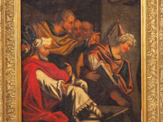 Vente aux enchères Ecole italienne XVIIème. "Discussion au temple". Huile sur toile marou