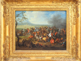 Vente aux enchères STEPHAN (attribué à). "Scène de bataille". Huile sur panneau, traçe de