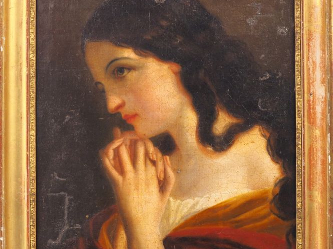 Ecole française XVIIIème. "Jeune fille en prière". Huile sur toile mar