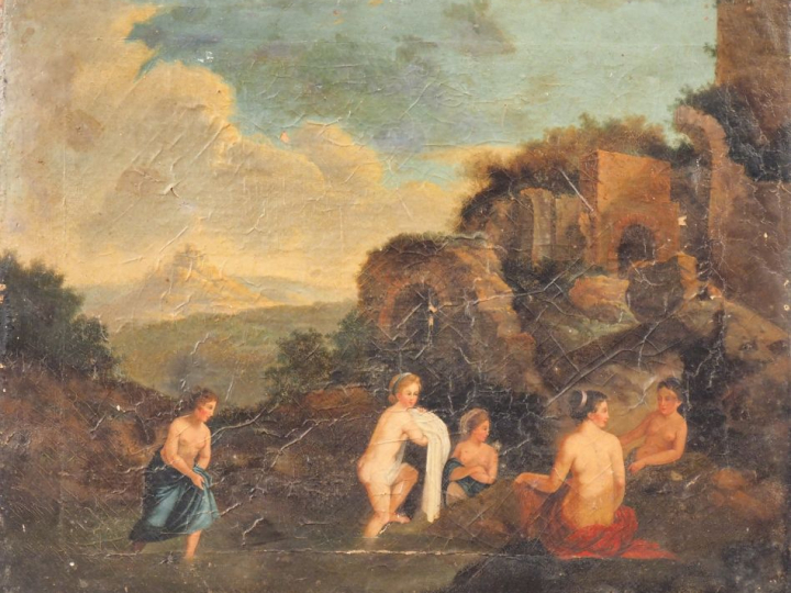 Ecole du nord fin XVIIIème. "Jeune filles aux bains". Huile sur toile.