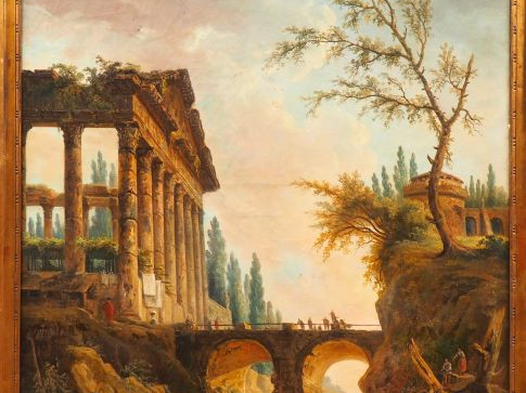 Ecole française XIXème d'après Hubert ROBERT. "Paysage lacustre animé 