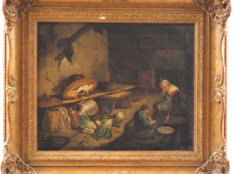 Vente aux enchères Ecole du nord début XIXème. "Ouverture des huitres dans l'arrière-cuis
