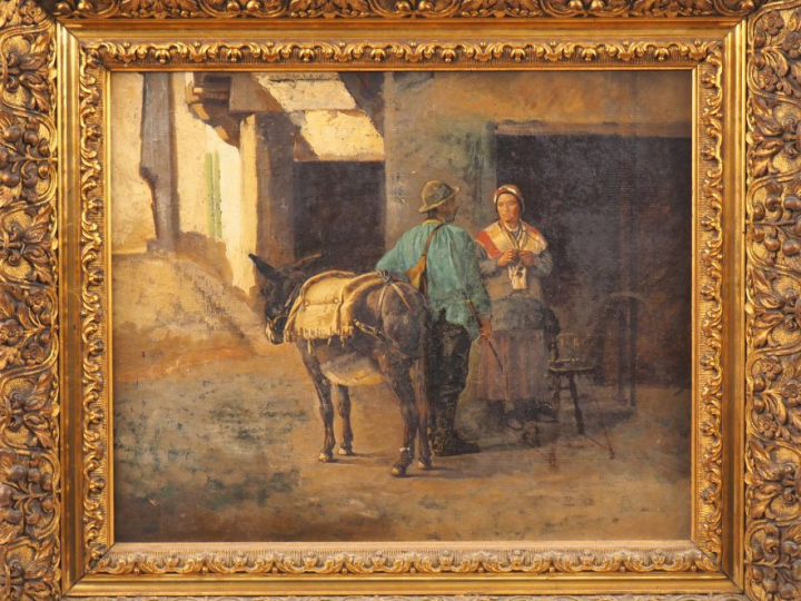 Ecole italienne XIXème. "Discussion dans la ruelle". Huile sur toile. 