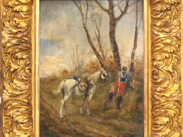 Alberto PASINI. "Cavalier à l'affût". Huile sur panneau, signée en bas