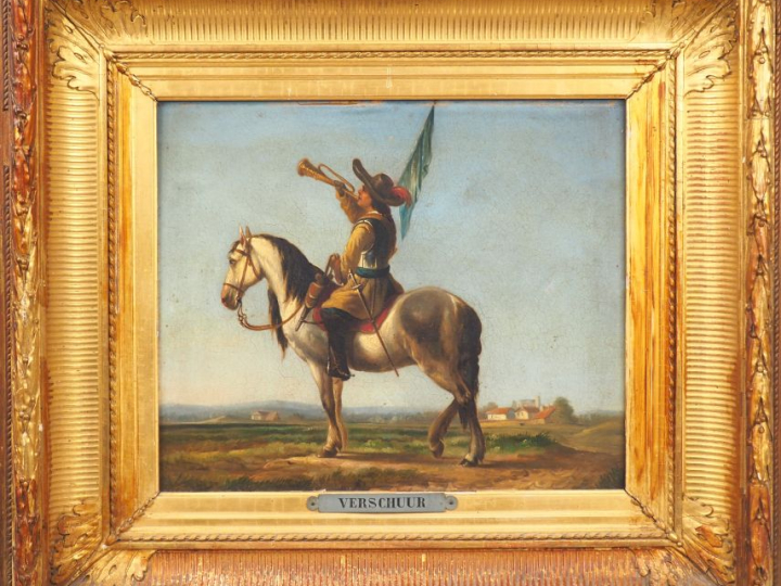 VERSCHUUR. "Le clairon". Huile sur papier. Dim. 33 x 39 cm.