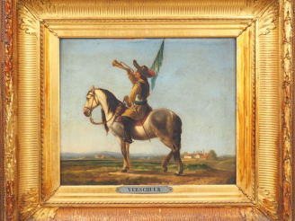 Vente aux enchères VERSCHUUR. "Le clairon". Huile sur papier. Dim. 33 x 39 cm.