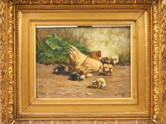 Vente aux enchères William Baptiste BAIRD. "Poule et ses poussins". Huile sur panneau, si