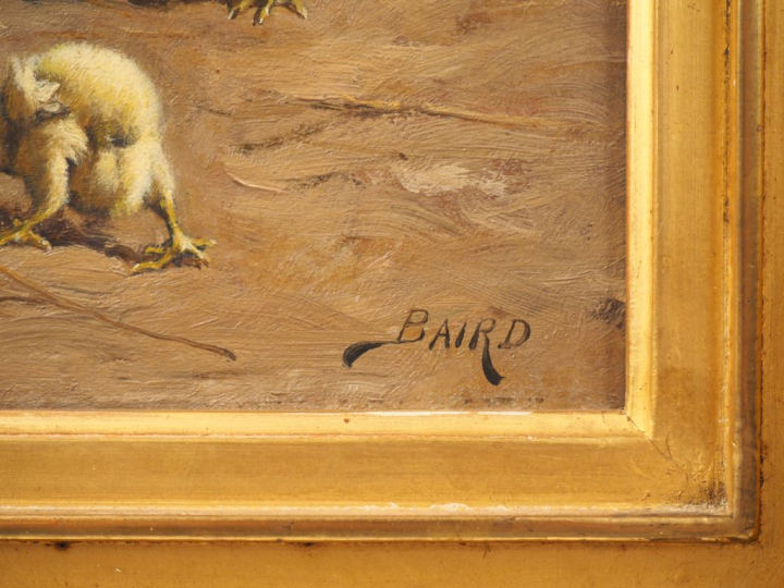 William Baptiste BAIRD. "Poule et ses poussins". Huile sur panneau, si