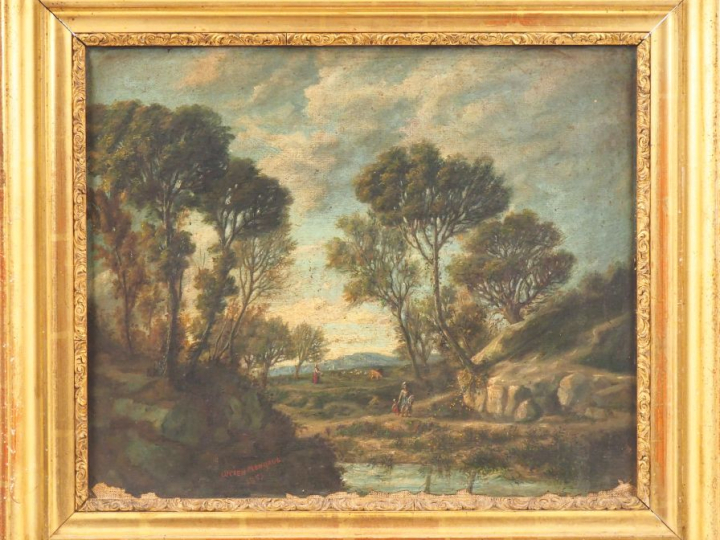 Lucien MENGAUD. "Bergères et leur troupeau". Huile sur toile, signée e