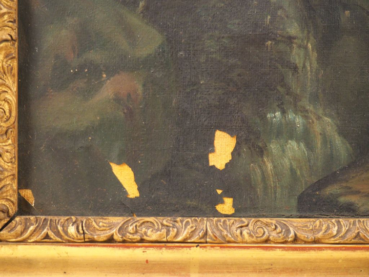 Lucien MENGAUD. "Ermite dans un paysage montagneux". Huile sur toile, 