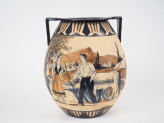 Vente aux enchères CIBOURE.  Grand vase ovoide à anses signé Garcia de Diego, à décor de 