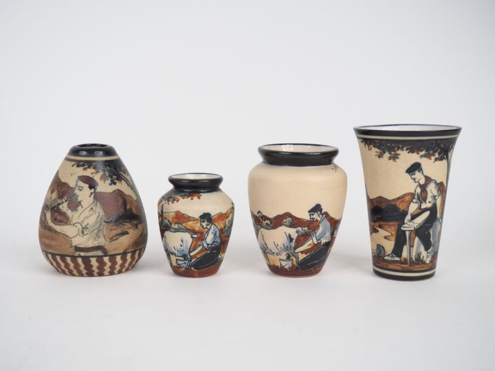CIBOURE.  4 différents vases en céramique, à décor de paysans signés B