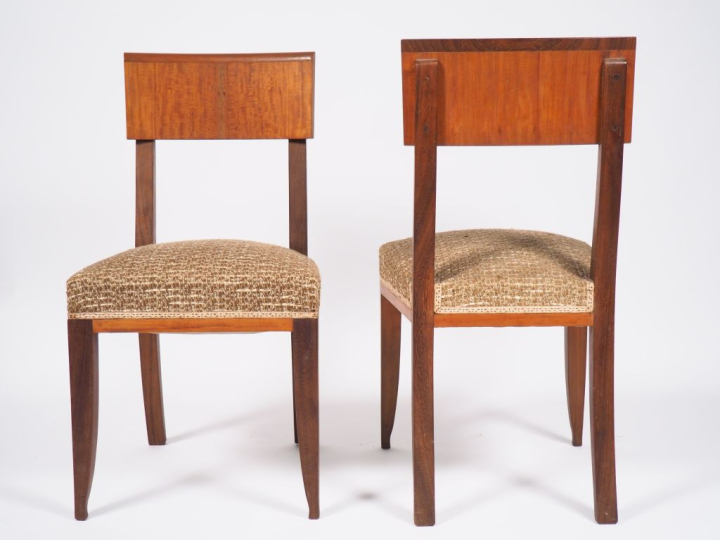 6 chaises de salle à manger 1940 en bois exotique, garntiure de tissu 