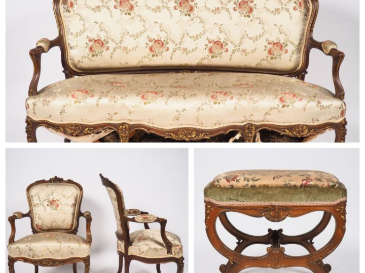 Mobilier de salon 1900 de style Louis XV en bois sculpté et légèrement
