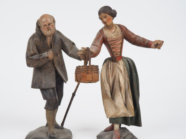 Paire de sujets italiens début XXème en bois sculpté polychrome, "pays