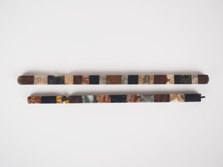 Deux règles XIXème constituées d'éléments de marbres polychromes. L. 2