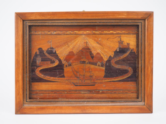 Vente aux enchères Encadrement XIXème en marqueterie de paille à décor d'une marine et lé