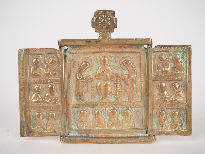 Triptyque en bronze de la Deisis et de saints choisis. Russie, XVIIIe 