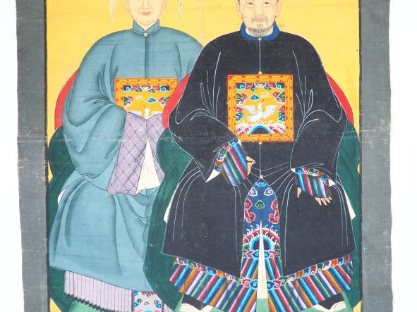 Chine XXème. 2 peintures sur toiles montées en rouleau:  L'un figurant