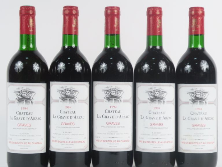 5 BOUTEILLES CHÂTEAU LA GRAVE D'ARZAC GRAVES - 1994 - 4 BG/1 LB