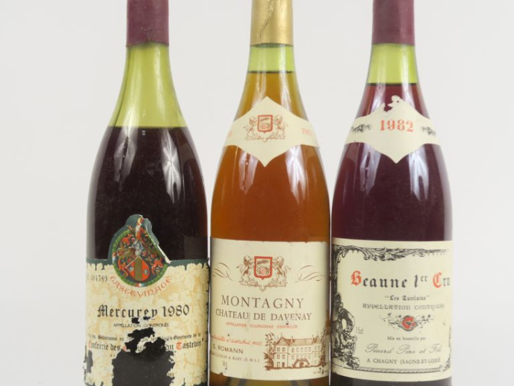 3 BOUTEILLES : 1 MERCUREY TASTEVINAGE 1980 5,5 CM/EA - 1 BEAUNE 1er CR