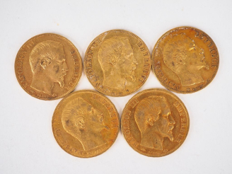 Vente aux enchères Cinq pièces de 20 Francs or 1859-A (x3) et 1859-BB. FRAIS ACHETEURS 10