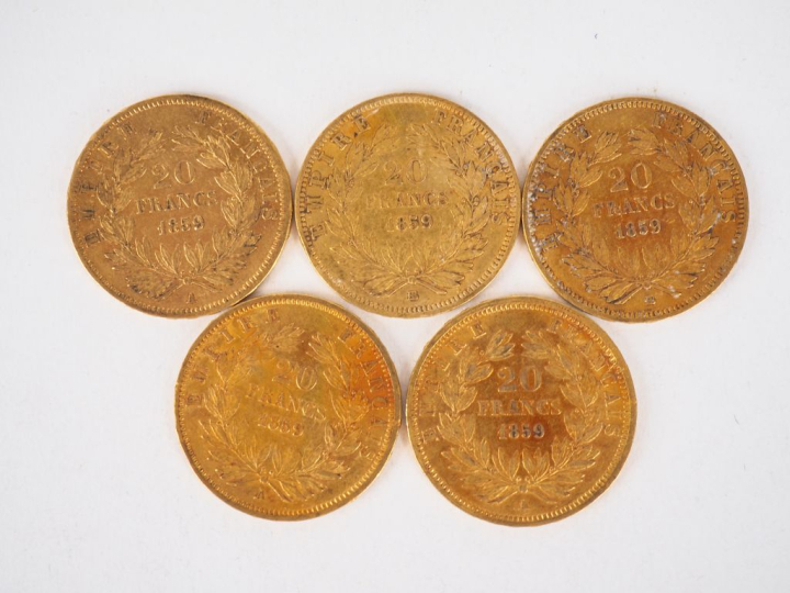 Cinq pièces de 20 Francs or 1859-A (x3) et 1859-BB. FRAIS ACHETEURS 10