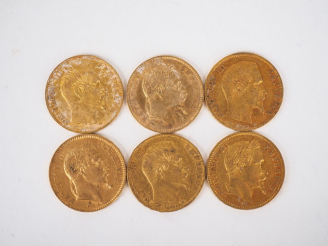 Vente aux enchères Six pièces de 20 Francs or, 1860-A (x3), 1862-A, 1863-A et 1863-BB. FR