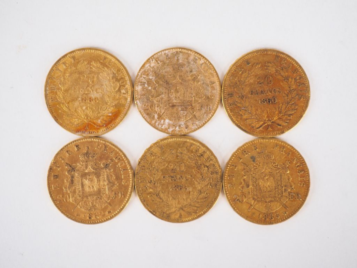 Six pièces de 20 Francs or, 1860-A (x3), 1862-A, 1863-A et 1863-BB. FR