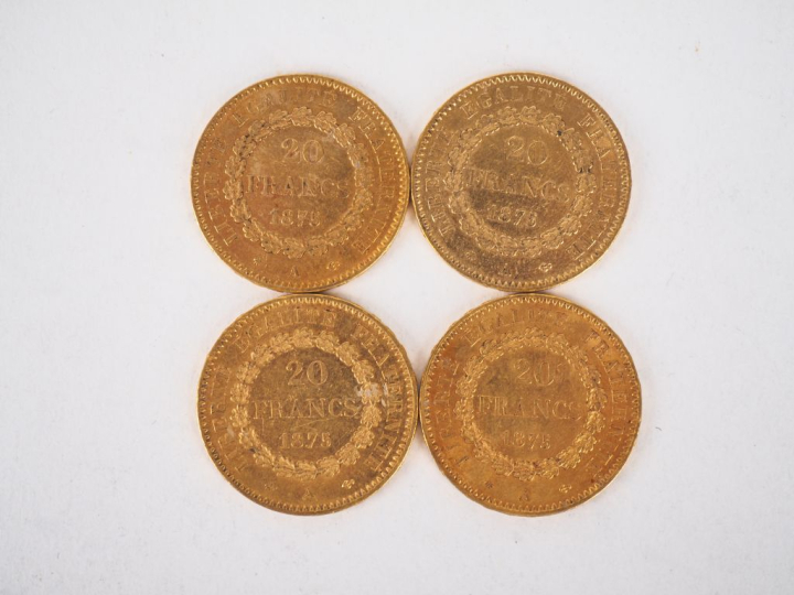 Quatre pièces de 20 Francs or, 1875-A.  FRAIS ACHETEURS 10% HT.   