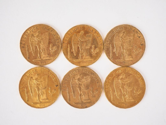 Vente aux enchères Six pièces de 20 Francs or, 1876-A (x3) et 1877-A (x3). FRAIS ACHETEUR
