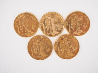 Vente aux enchères Cinq pièces de 20 Francs or, 1895-A (x2) et 1896-A (x3). FRAIS ACHETEU