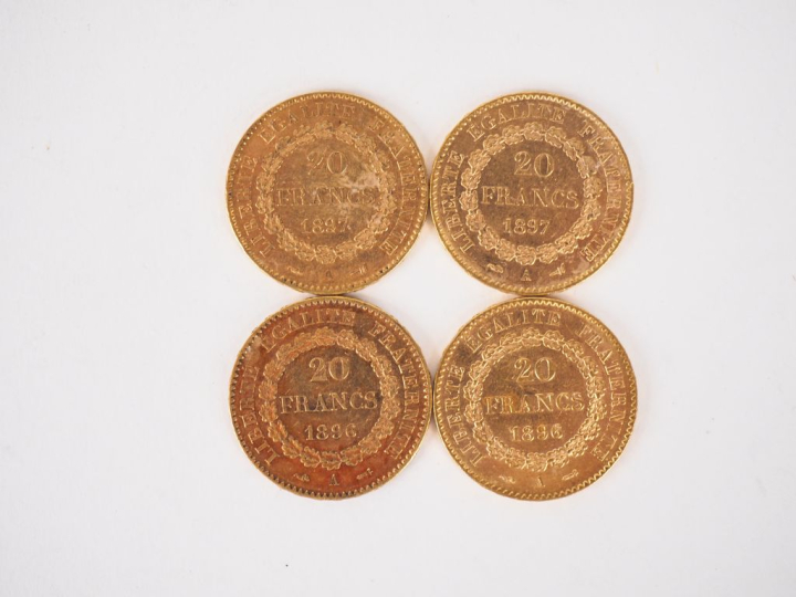 Quatre pièces de 20 Francs or, 1896-A (x2) et 1897-A (x2). FRAIS ACHET