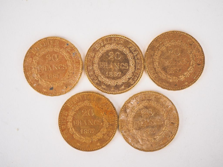 Cinq pièces de 20 Francs or, 1897-A. FRAIS ACHETEURS 10% HT.   