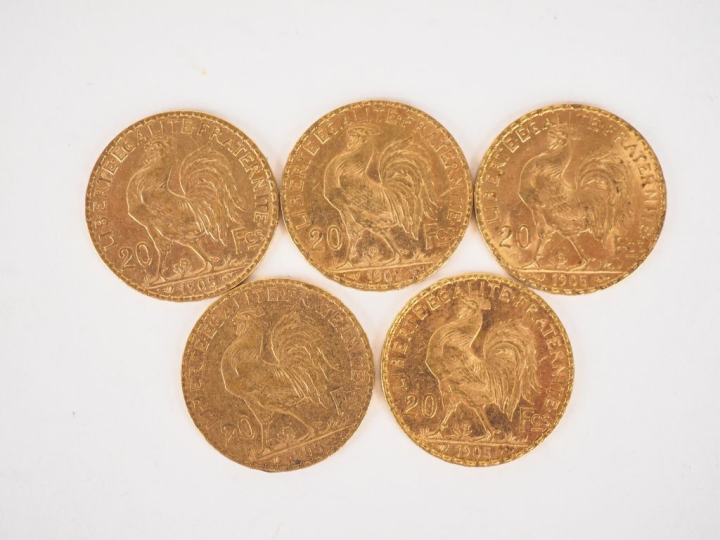 Cinq pièces de 20 Francs or, 1905. FRAIS ACHETEURS 10% HT.   